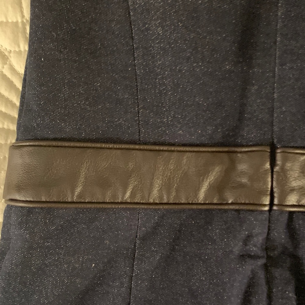 Tory Burch dark blue denim dress with gold button accents & brown leather trim. - Picture 12 of 14